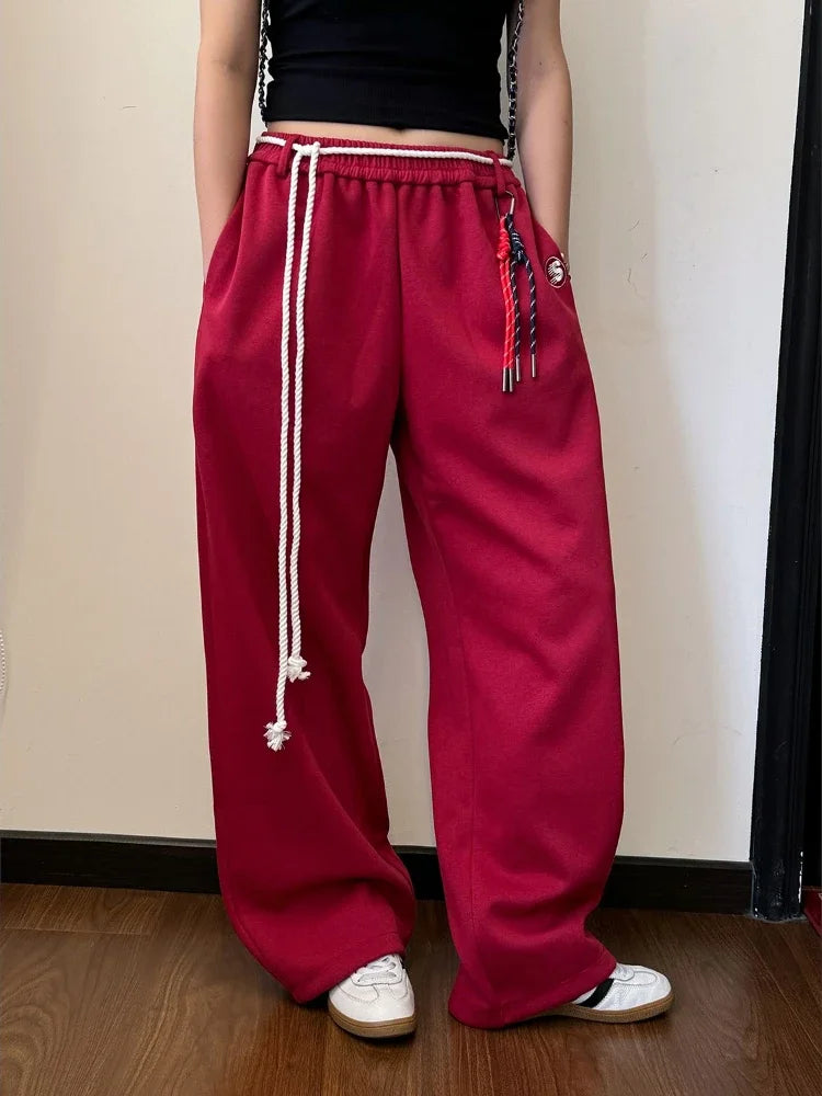Y2k Kpop Red Sweatpants Women Baggy Harajuku Korean Hip Hop Style Wide Leg Jogger Pants Streetwear Oversized Aesthetic