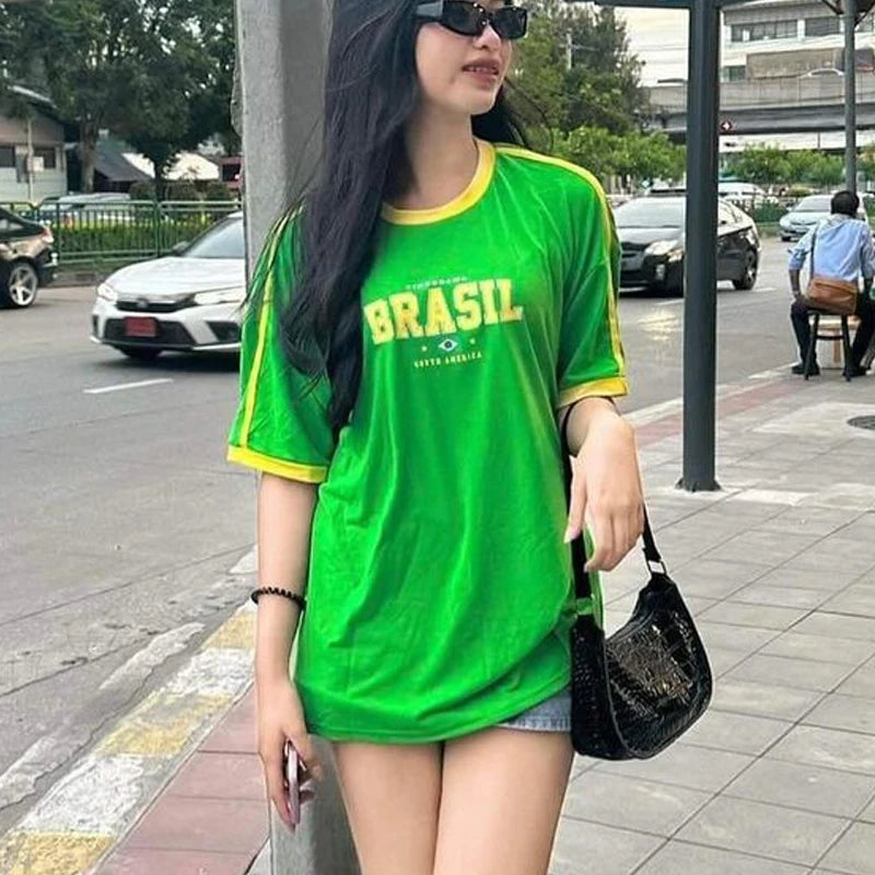 Europe and the United States loose letters yellow green top Y2K women’s summer T-shirt sexy clothing street