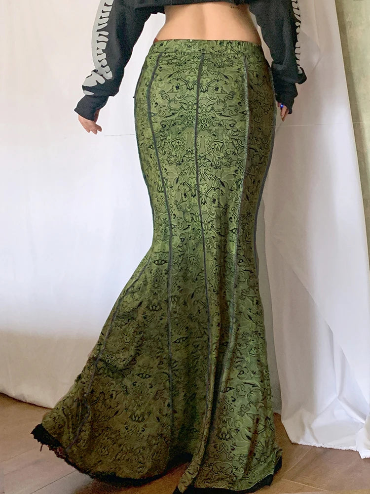 Forest Green Print Aesthetic Vacation Long Skirts Womens Vintage Lace Trim Mermaid Skirt
