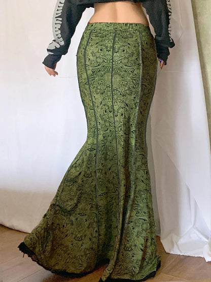 Forest Green Print Aesthetic Vacation Long Skirts Womens Vintage Lace Trim Mermaid Skirt