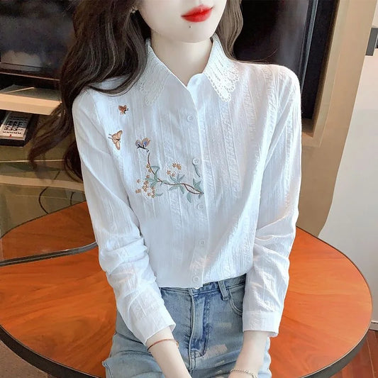 Embroidery Women Spring Autumn Blouses Shirts Lady Casual Long Sleeve Turn-down Collar Solid Color Blusas Tops DF4775