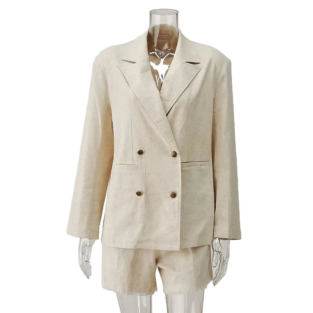 Textured Solid Suits For Women Double Breasted Long Sleeve Outerwear+Raw Hem Shorts Sets Casual Fashion Two-piece Set