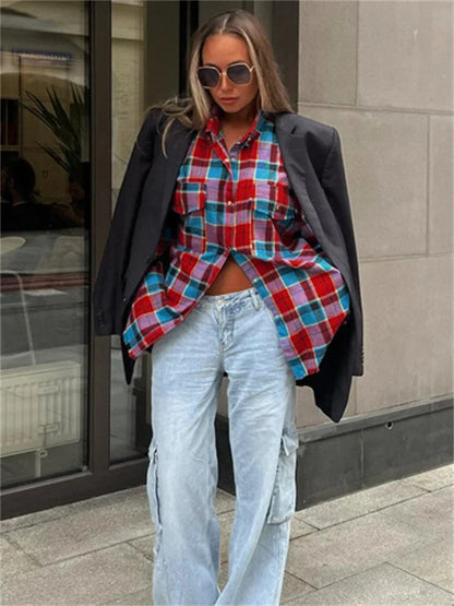 Patchwork Vintage Loose Shirts Female Casual Patchwork Pocket Long Sleeve Contrast Autumn  Outwear Women’s Shirts Tee