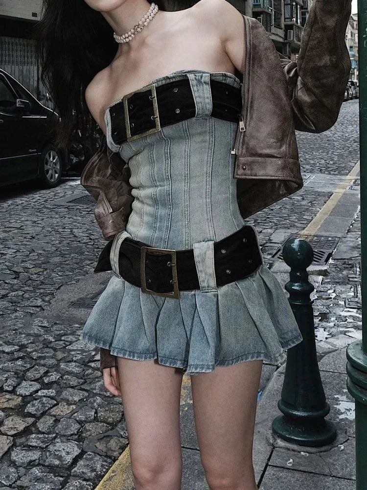 Vintage Y2k Strapless Denim Dress Bodycon Korean Kpop Belt Pleated Mini Dress 2000s Streetwear