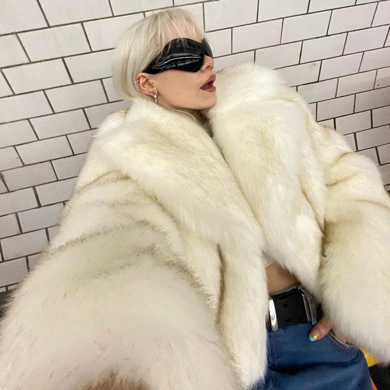 Luxury Brand Runway Fashion Yellow Gradient Cropped Fluffy Fur Jacket Coat Women Winter Thicken Faux Fox Fur Outerwear