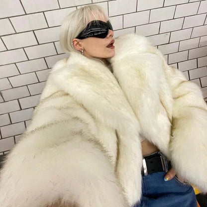 Luxury Brand Runway Fashion Yellow Gradient Cropped Fluffy Fur Jacket Coat Women Winter Thicken Faux Fox Fur Outerwear