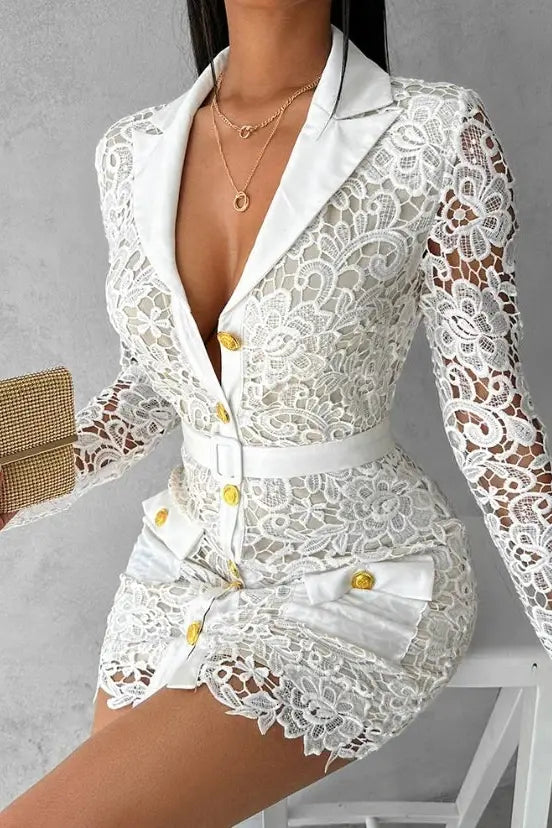Buttoned Lace Mini Dress