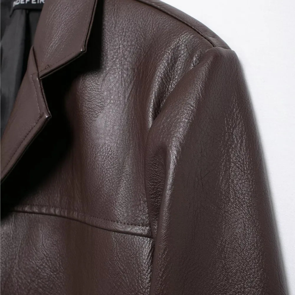 American Retro Women Brown Red PU Leather Blazer Notched Collar Full Sleeve Midi Long Oversized Suits Loose Outerwear