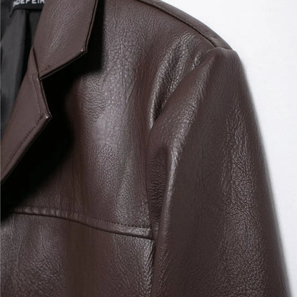 American Retro Women Brown Red PU Leather Blazer Notched Collar Full Sleeve Midi Long Oversized Suits Loose Outerwear