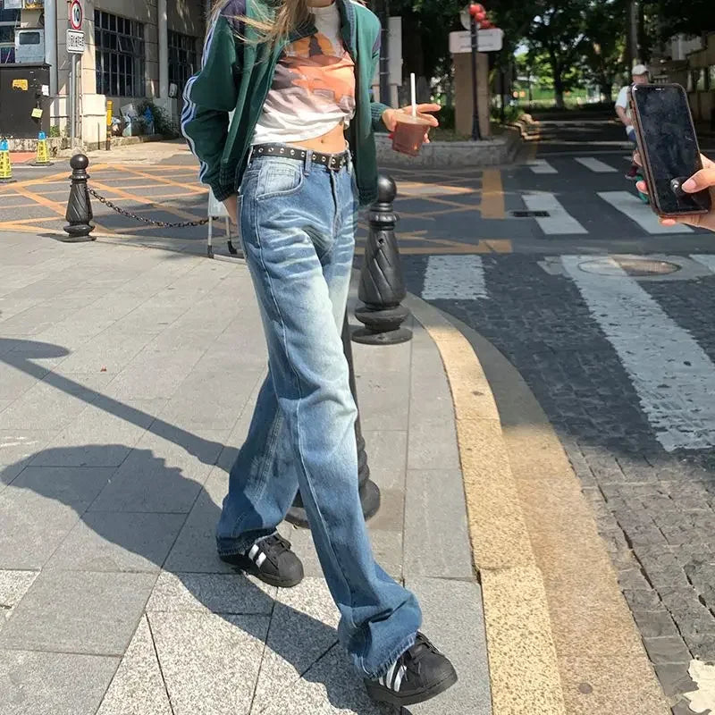 New Style Jeans Women's Spring Autumn American Vibe Vintage Light Blue Wash New Trench Wide Leg Straight-leg Denim