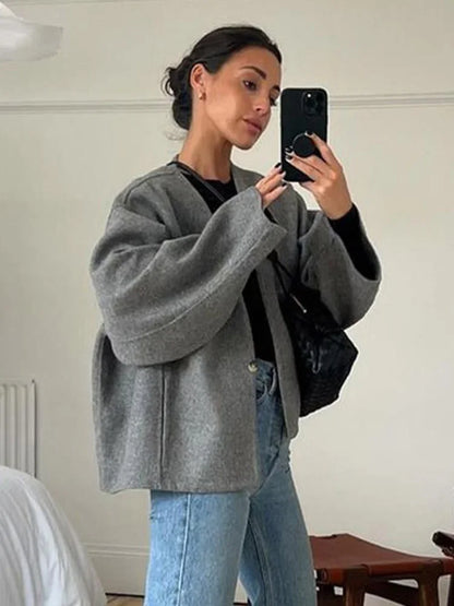 Vintage One Button Woolen Coat Women Gray Loose Long Sleeve V-neck Short Jacket Female Autumn Winter Casual Lady New in Outwears