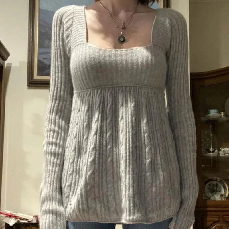 Vintage Babydoll Tops Pullovers Lady Aesthetic Coquette Knit Sweaters Outfit Square Neck Long Sleeve Knitwear Jumpers Y2k