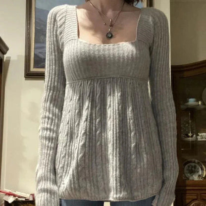 Vintage Babydoll Tops Pullovers Lady Aesthetic Coquette Knit Sweaters Outfit Square Neck Long Sleeve Knitwear Jumpers Y2k