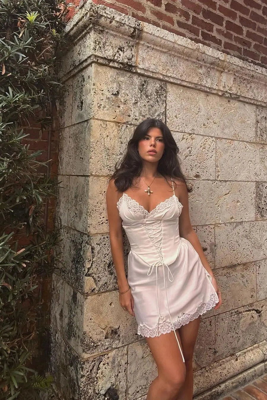 V Neck Lace Patchwork Mini Dress with Spaghetti Straps