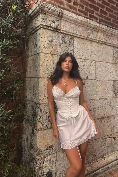 V Neck Lace Patchwork Mini Dress with Spaghetti Straps