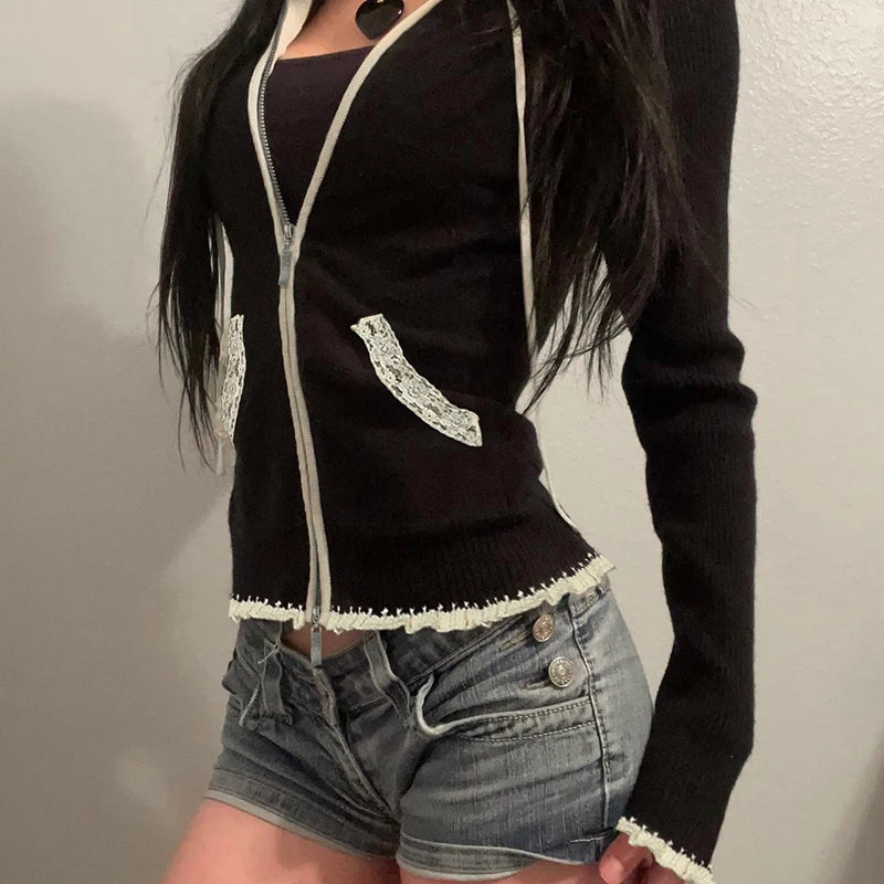 Black Lace Trim Knitted Sweater Cardigan Women Autumn Winter New Coat Sweet Basic All-Match Fashion