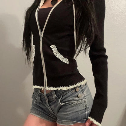 Black Lace Trim Knitted Sweater Cardigan Women Autumn Winter New Coat Sweet Basic All-Match Fashion