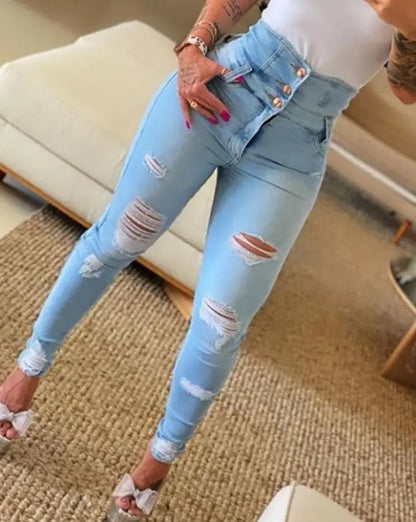 Women's Skinny High-Waist Ripped Jeans with Buttons | Great for Casual Days