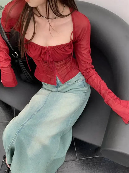 Voguable Burgundy Mesh Tops Long Sleeve Lace Up Square Collar T Shirt Crop Top Grunge Y2k  Chic Tops Streetwear