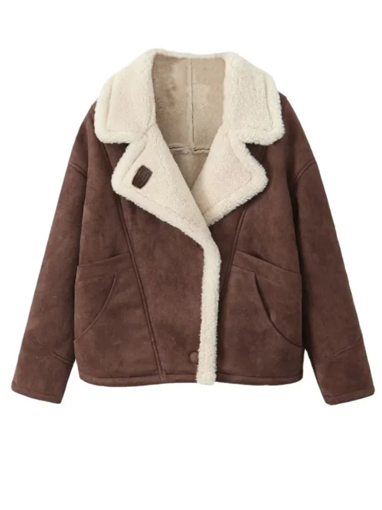 Winter Loose Fashion Overcoat For Women Lapel Pocket jacket Coat Streetwear Commute Contrast Vintage Ladies Outwear 2025