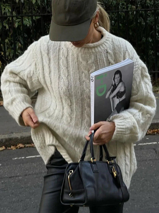 Casual Knitted Long Sleeve Sweaters Women Loose White Half High Neck Pullover Sweater Female Autumn Simple Chic High Street Tops