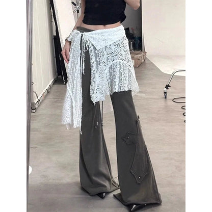 Y2K Irregular Mini Skirts Women Harajuku Aesthetic White Lace Tulle Bandage Skirt Japanese Vintage Hollow Out Faldas New