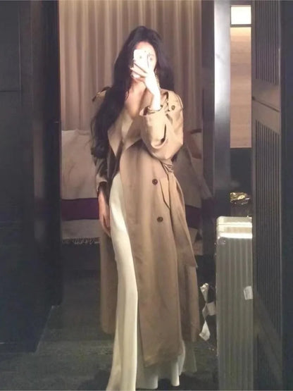 Autumn British Style Long Trench Women Lapel Double Breasted Coat with Belt Korean Fashion Windbreaker Outerwear Casual Jackets