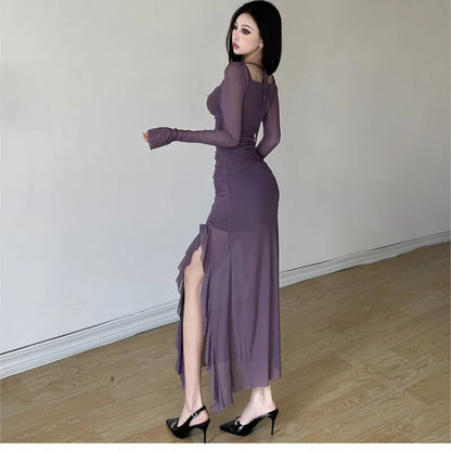 Sexy High Slit Bodycon Midi Dresses for Women Square Collar Long Sleeve Slim Evening Party Dress Club Prom Robe Y2K Vestidos New