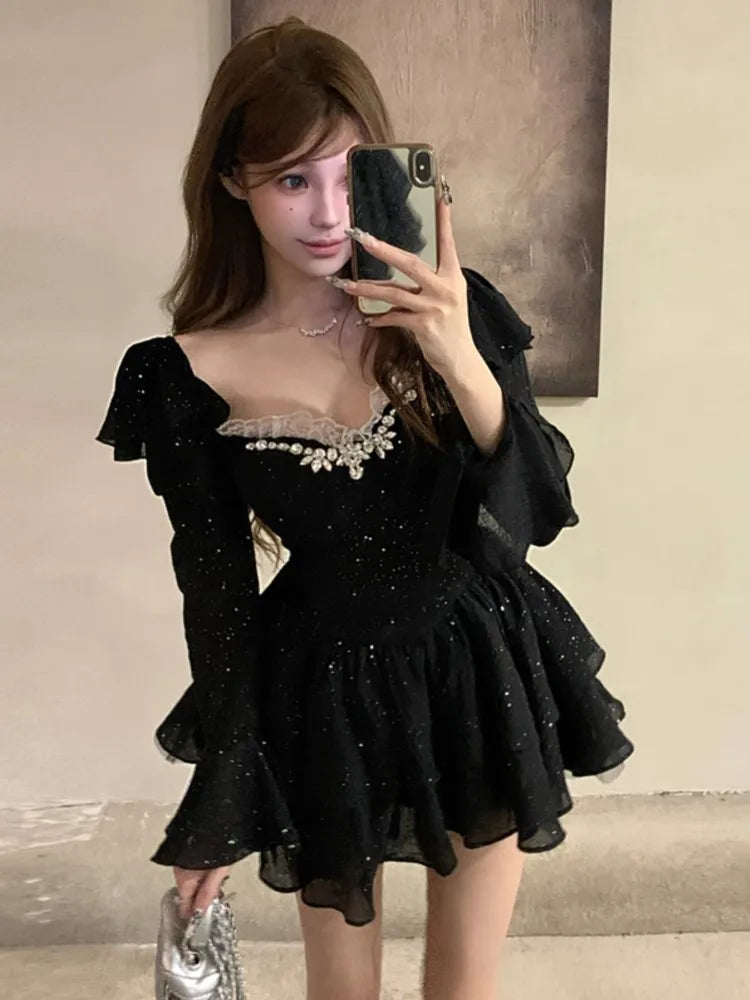 Y2K Black Short Dresses for Women Diamonds Square Collar Flare Sleeve High Waist A-line Birtheday Party Dress Prom Mini Vestidos
