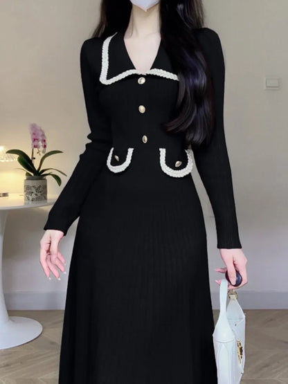 Autumn Winter Knitted Dresses for Women Turn-down Collar Korean Fashion A-line Casual Solid Dress Slim Vestidos Mujer  New