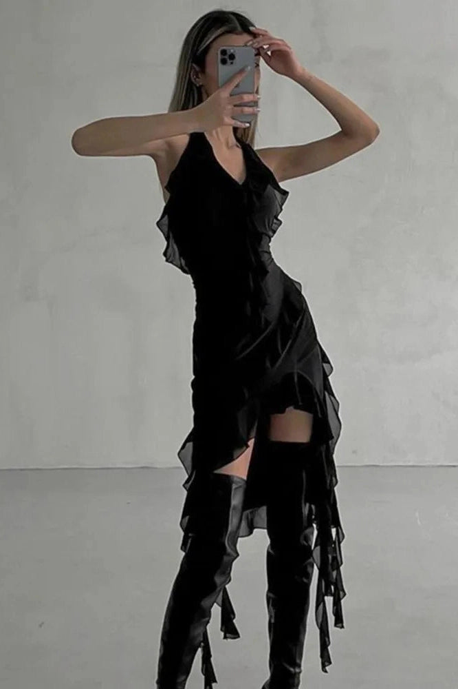 Pleated Irregular Bodycon Mini Dress with Deep V-Neck