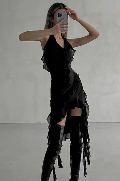 Pleated Irregular Bodycon Mini Dress with Deep V-Neck