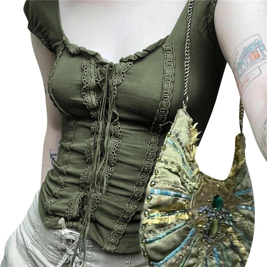 y2k Tops Coquette Clothing Lace Trim Tie Front V Neck Short Sleeve T Shirts 2000s Grunge Clothes Streetwear