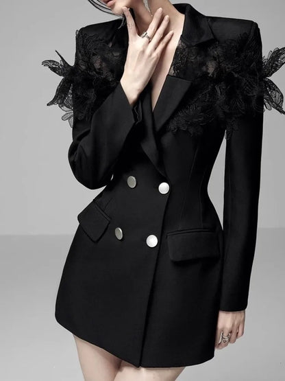 New Fashion Lace Patchwork Design Notched Collar Double Breasted Contrast Color Women’s Suit Dress 2025 Spring Winter A6718