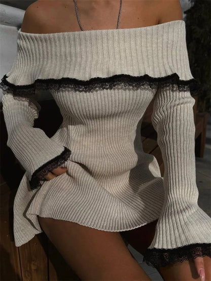 Knit Off-Shoulder Sweater Mini Dress Women's Lace Patchwork Ribbed Slim Backless Elegant Party Dress Knitwear Mini Dress