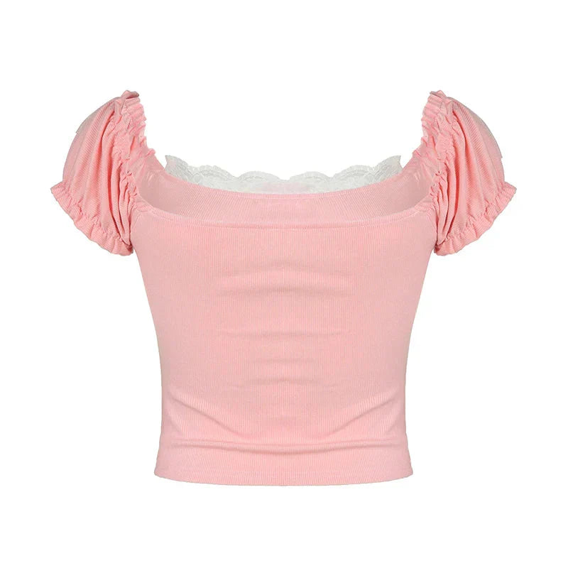 Sweet Coquette Crop Top Lace Patchwork Square Collar Skinny Pink T Shirts Vintage 2000s Puff Sleeve Tees Kawaii y2k