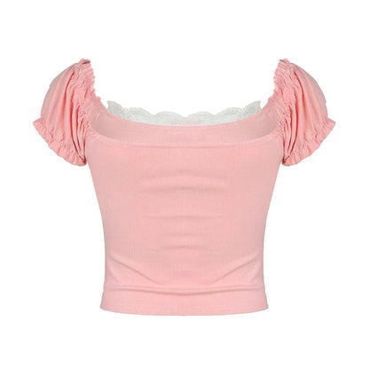 Sweet Coquette Crop Top Lace Patchwork Square Collar Skinny Pink T Shirts Vintage 2000s Puff Sleeve Tees Kawaii y2k