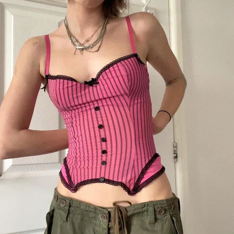 Sweet Bow Stitched Pink Crop Top Vintage y2k Patchwork Sleeveless Striped Print Tees Casual Basic Camisole Kawaii