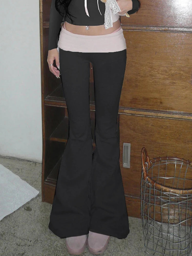 Contrast Patchwork Low Waist Y2K Flared Pants For Women Gray Slim Casual Jogging Sweatpants Black Streetwear