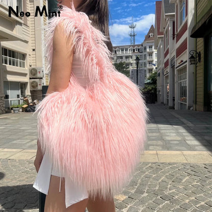 New Ins Trendy Heart Shaped Shoulder Bags Women Faux Sheep Fur Crossbody Bag Large Capacity Cute Y2k Kawaii Girls Handbags