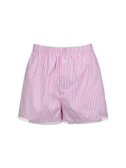 Pink Sweet Y2K Lace Trim Stripe Casual Summer Shorts Women Japanese Kawaii Elastic Waist Button Loose Vacation Outfits