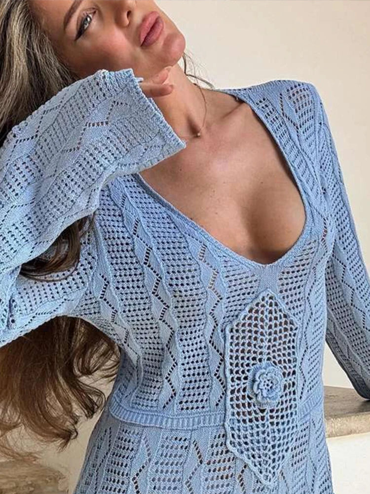 Elegant Knit Long Dress Women Sexy Slim Round Neck Hollow Vestidos Female  Fashion Autumn Solid Lady Holiday Beach Robe