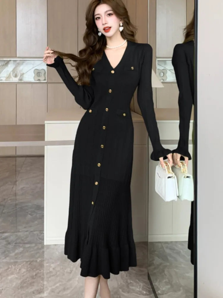 Autumn Solid Knitted Dresses for Women Single Breasted Chic Flared Sleeve Ruffles Hem Casual  Female Office Elegant Robes