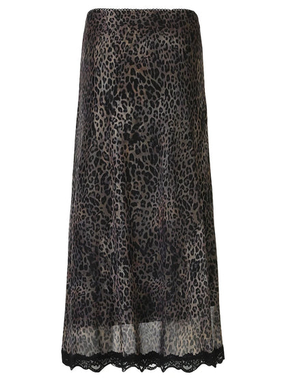 Retro Brown Leopard Y2K Long Skirts Women Lace Trim Hem Two Layers Mesh Vintage Aesthetic Elegant Fashion Women Clothing