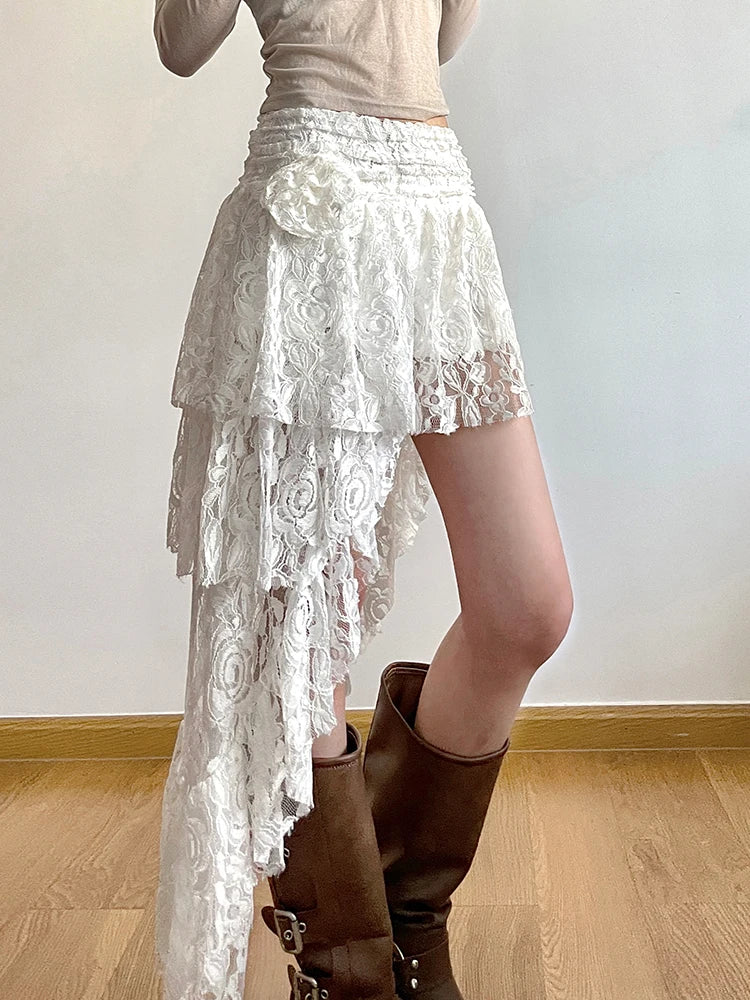 Summer Vacation Asymmetrical Lace Skirt Women Tie Flower Chic Boho Fashion