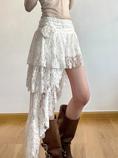 Summer Vacation Asymmetrical Lace Skirt Women Tie Flower Chic Boho Fashion