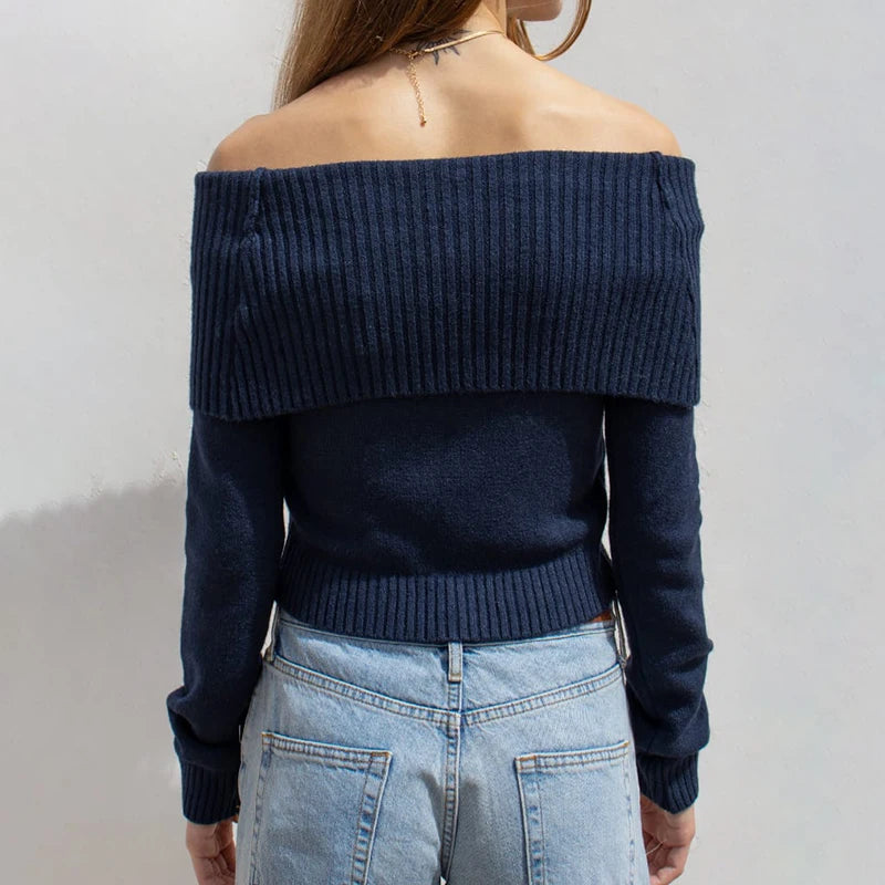 Solid Color Off Shoulder Women Sweater Minimalism Long Sleeve Knitted Jumper Casual Fashion Winter Pullovers Street