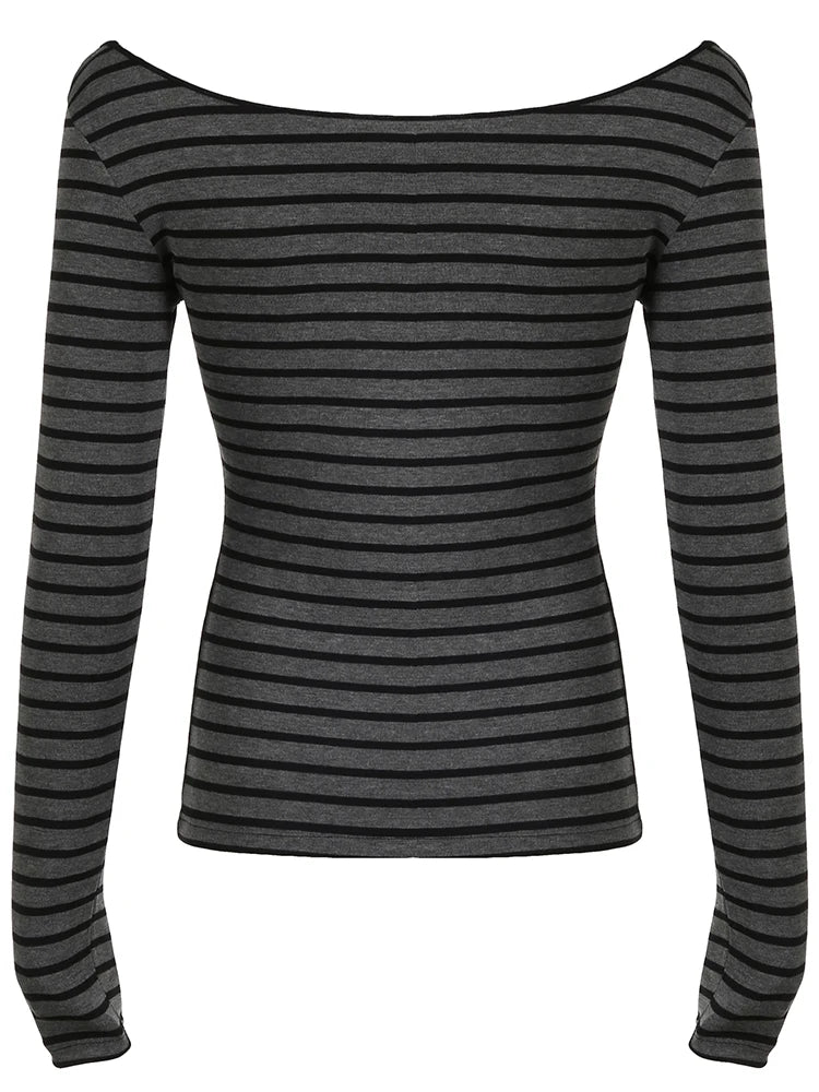 Japanese Basic Slim Long Sleeve Stripe Tee Off Shoulder O Neck Korean Street Style Spring Autumn Y2K Gray T Shirt Women