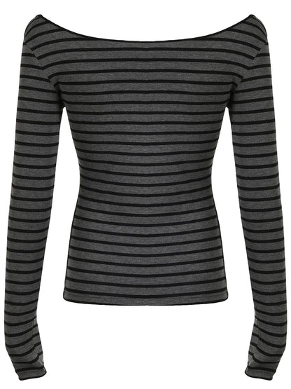Japanese Basic Slim Long Sleeve Stripe Tee Off Shoulder O Neck Korean Street Style Spring Autumn Y2K Gray T Shirt Women
