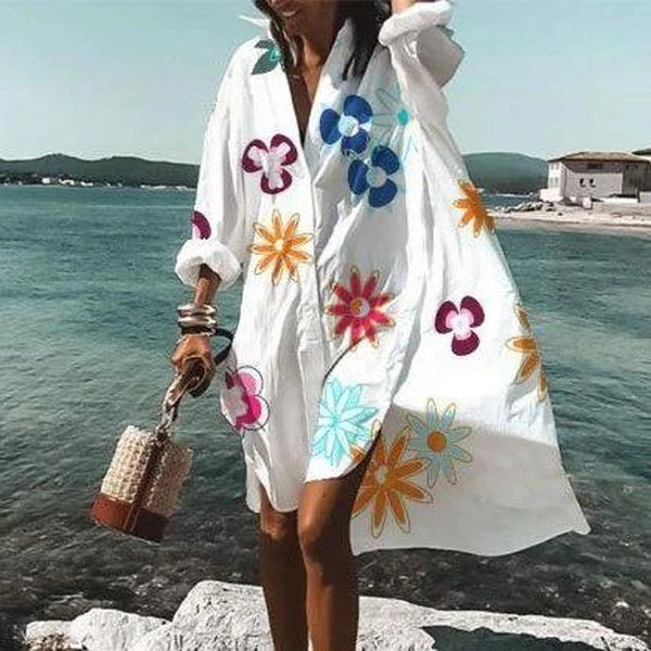 Color Flowers Printed Shirts Dresses Women Fashion Temperament Commuting Loose Midi Shirts Dress Lady Vestidos Spring Summer New